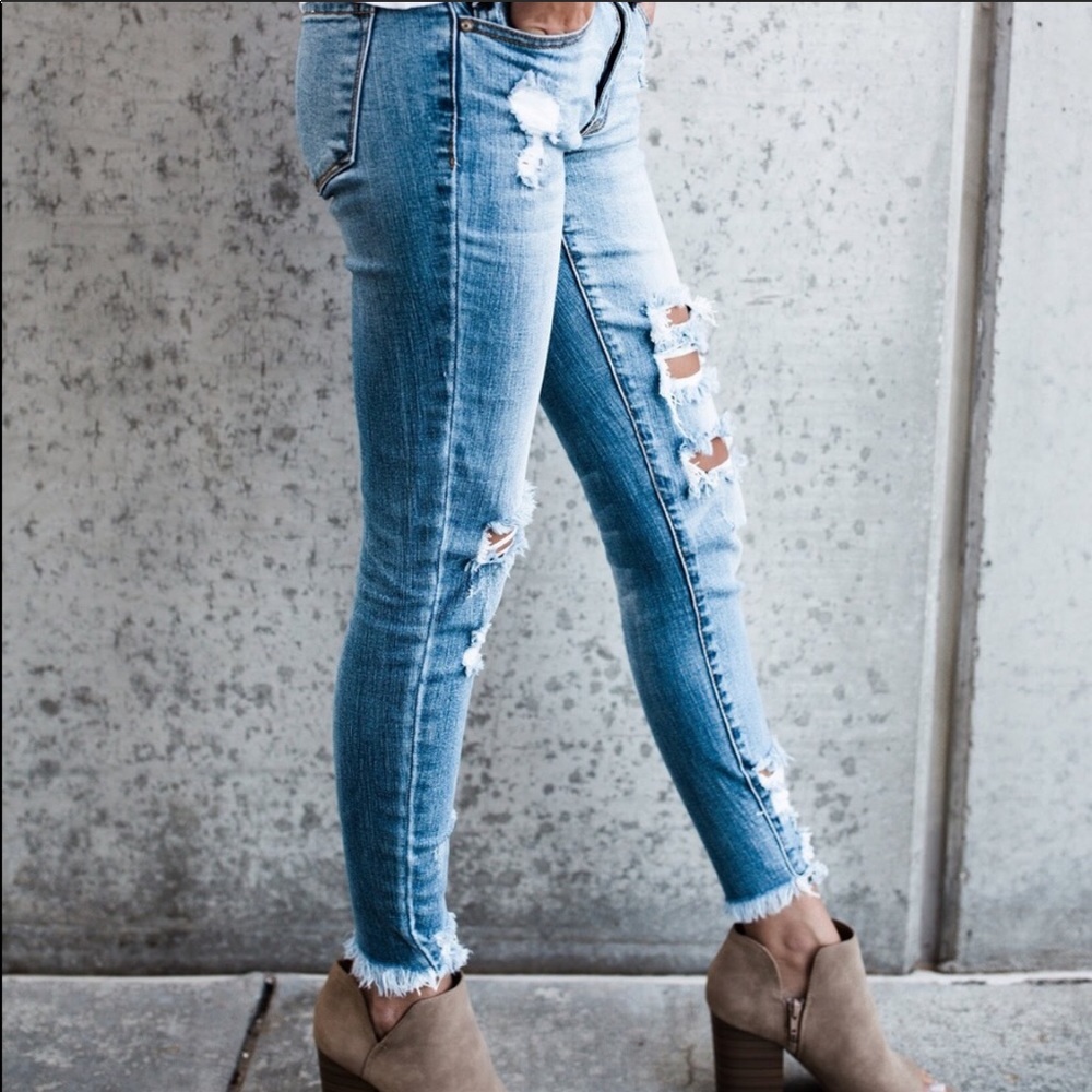 Distressed Jeans Denim Ripped Frayed Pants NEW - Picture 6 of 8